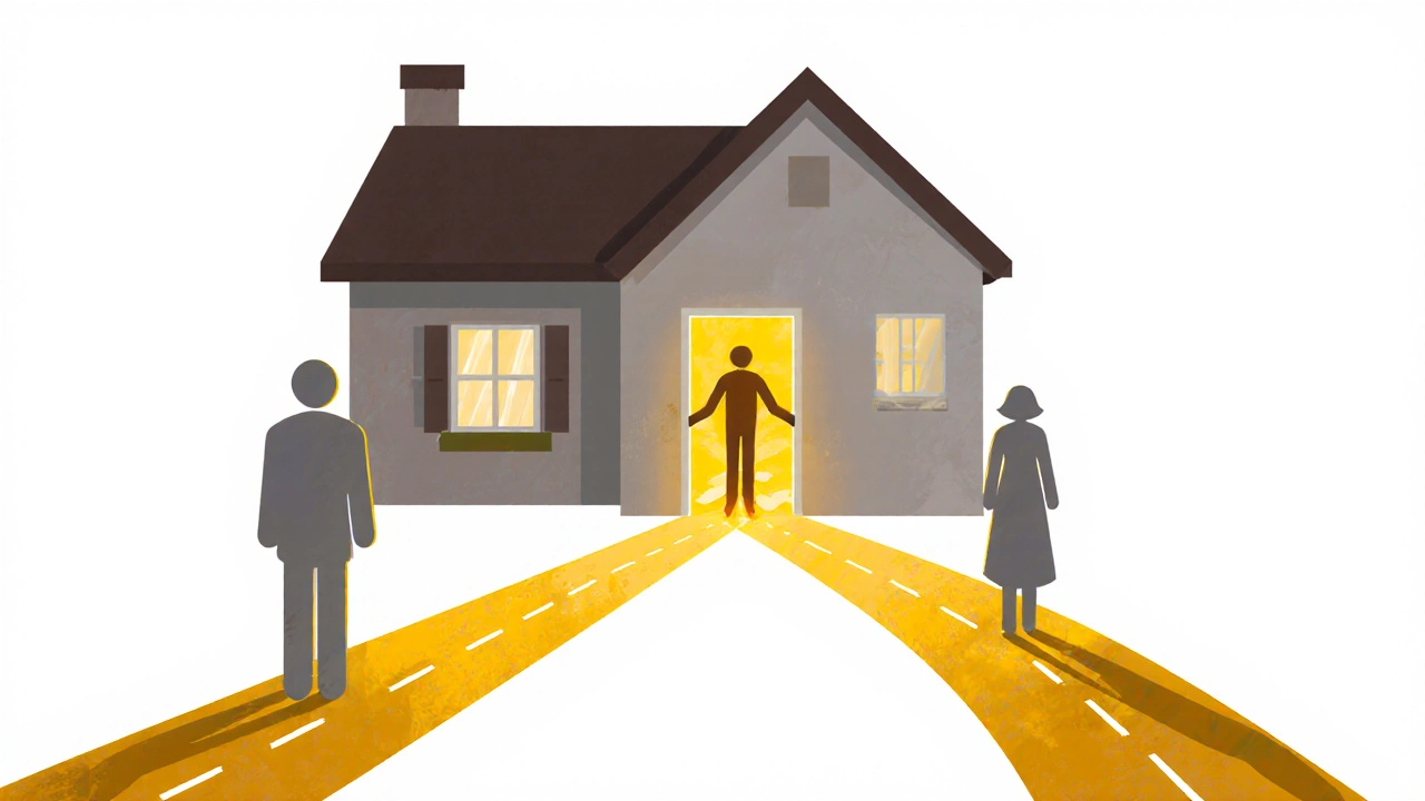 A home with two symbolic paths showing different ownership outcomes.