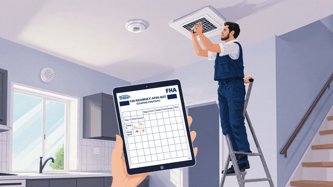 Appraiser on a ladder inspecting a home’s interior safety features and roof.