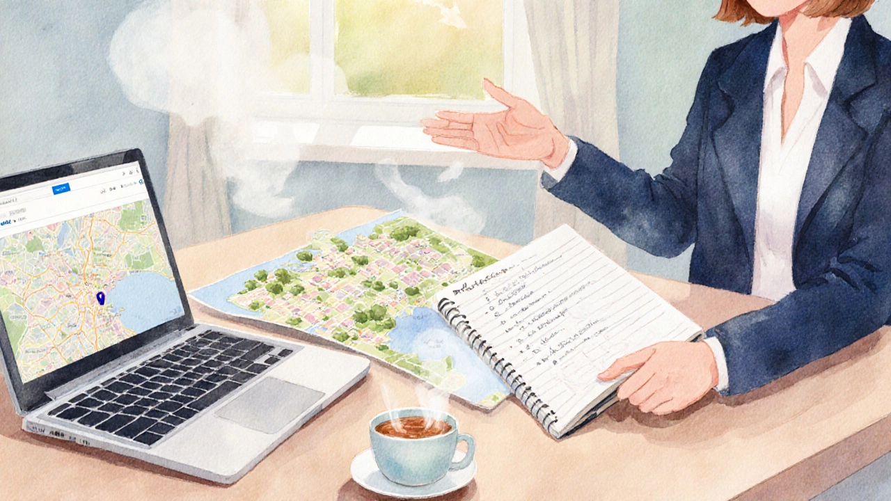 Buyer and agent discussing preferences over coffee with notebook and laptop.