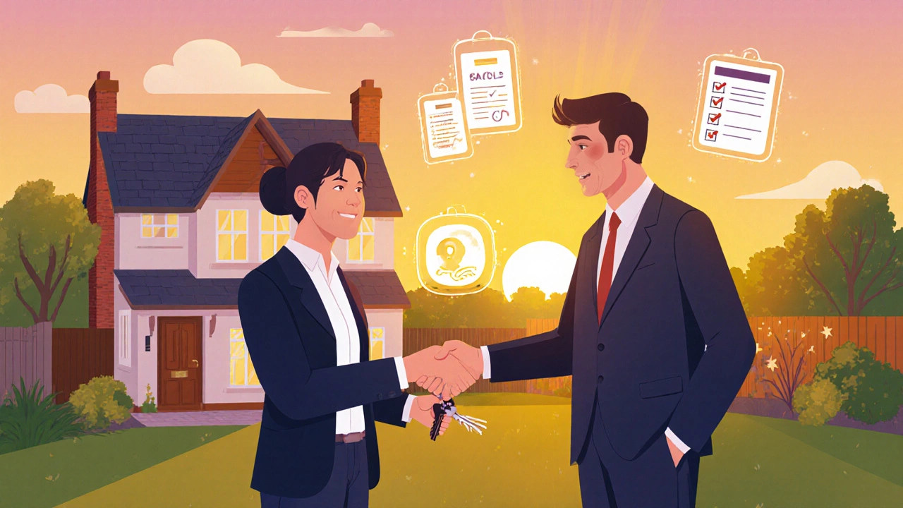 Buyer receiving house keys from agent outside a pleasant home, with floating checklist icons.