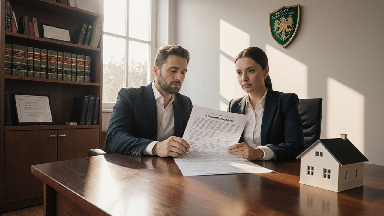 Co‑owners review a co‑ownership contract with a solicitor in an office.