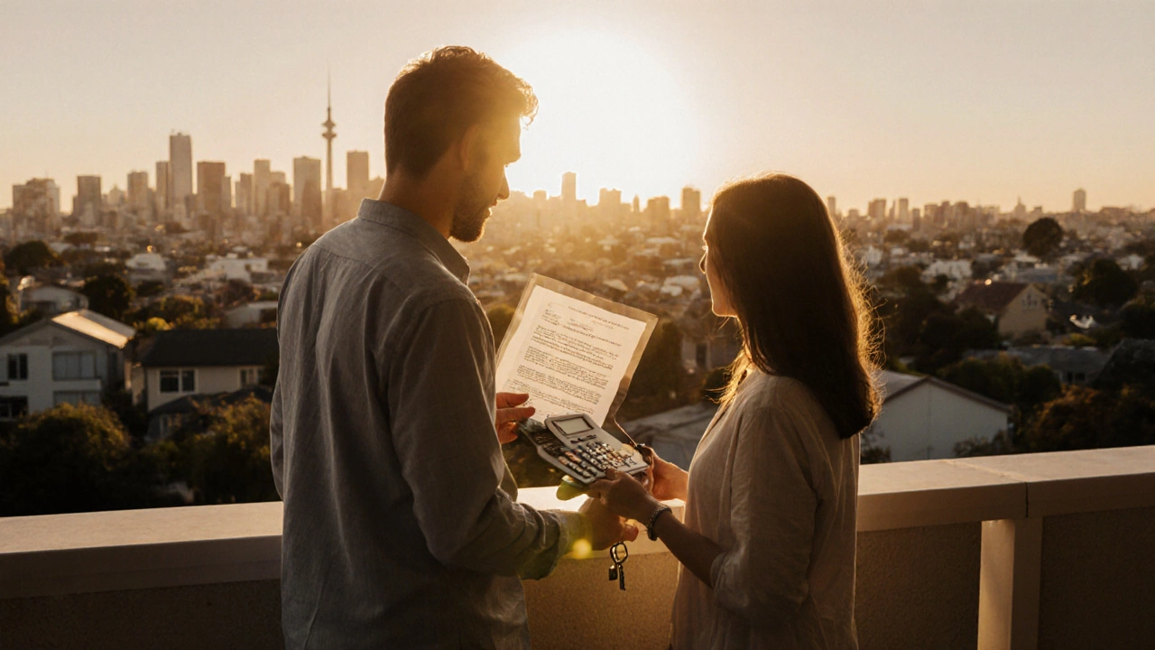 Couple on balcony at sunset with key, calculator, and floating legal document.