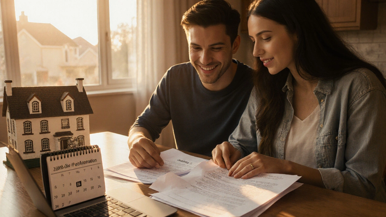 Couple reviewing mortgage paperwork at a kitchen table with a calendar and house model nearby.