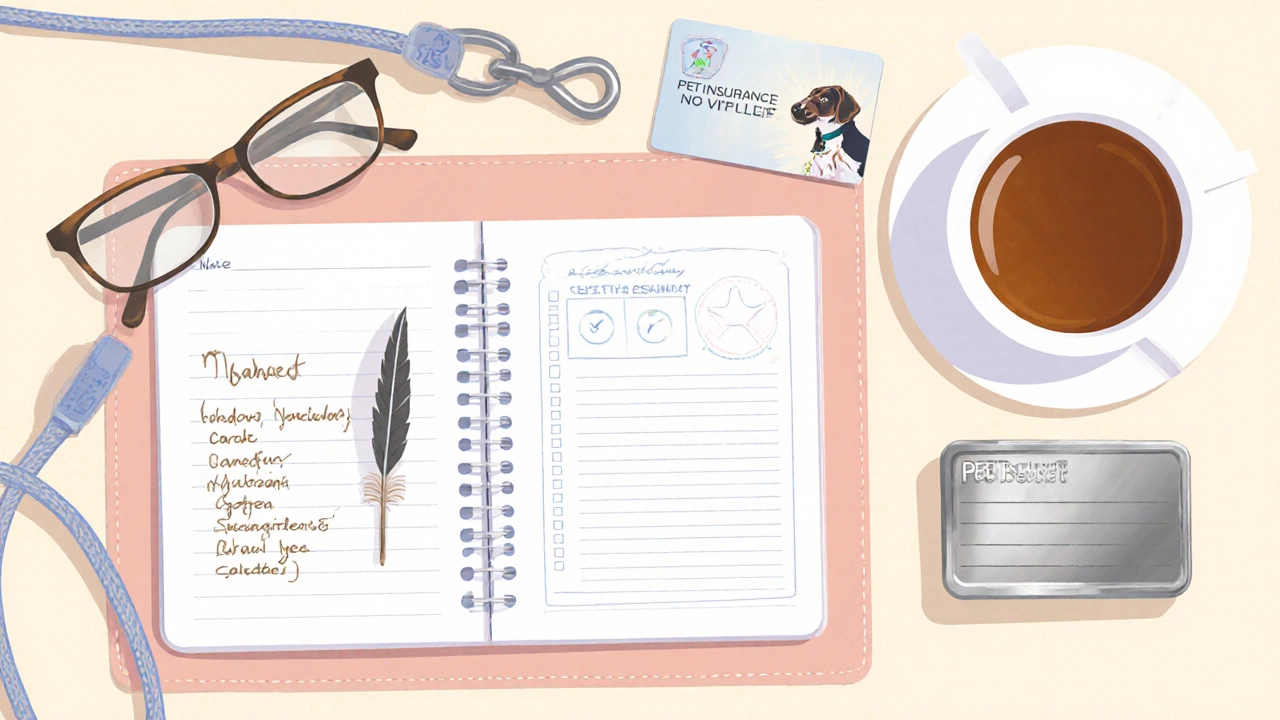 Desk flat‑lay with pet documents, note, and leash ready for a polite request.