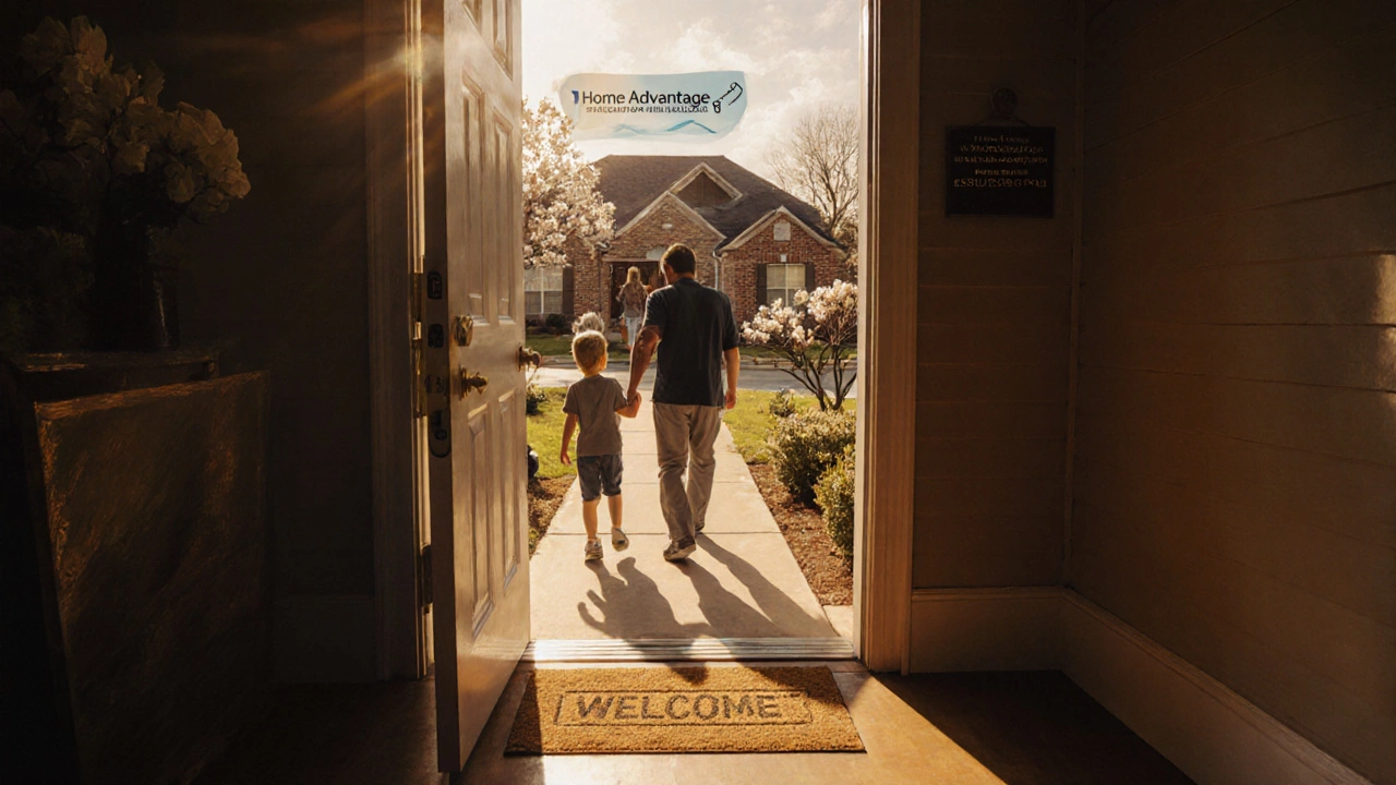 Family entering a new suburban home in Raleigh with a key and Home Advantage plaque on the door.