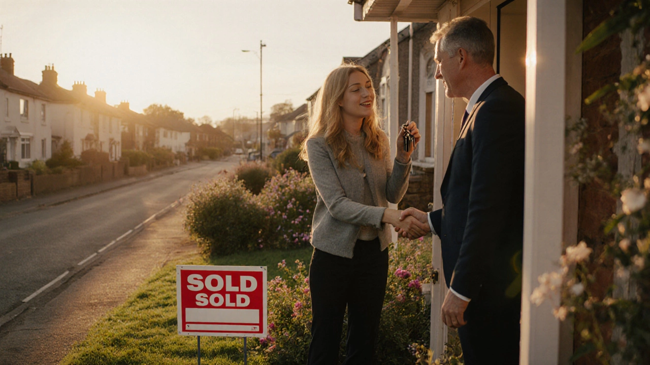 First‑time buyer receiving keys and shaking hands with solicitor at new home.