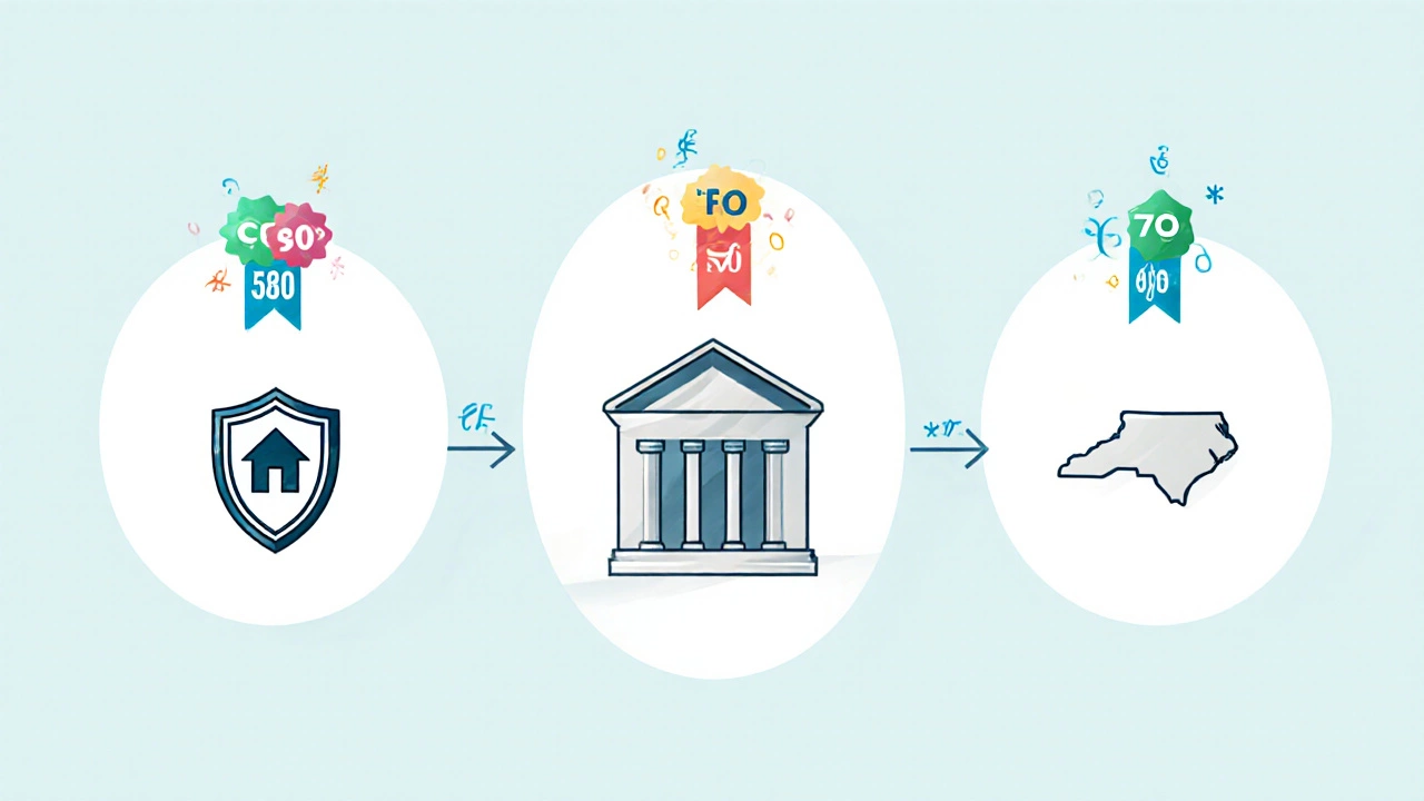 Flat‑design illustration of FHA, Conventional, and NC Home Advantage loan icons leading to a house.