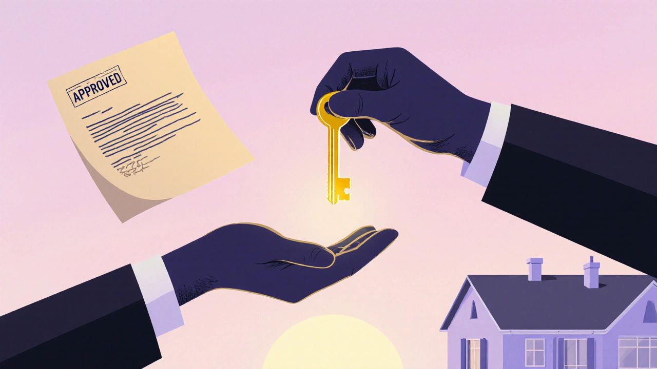 Hand receiving golden house key from teller with house silhouette in background.