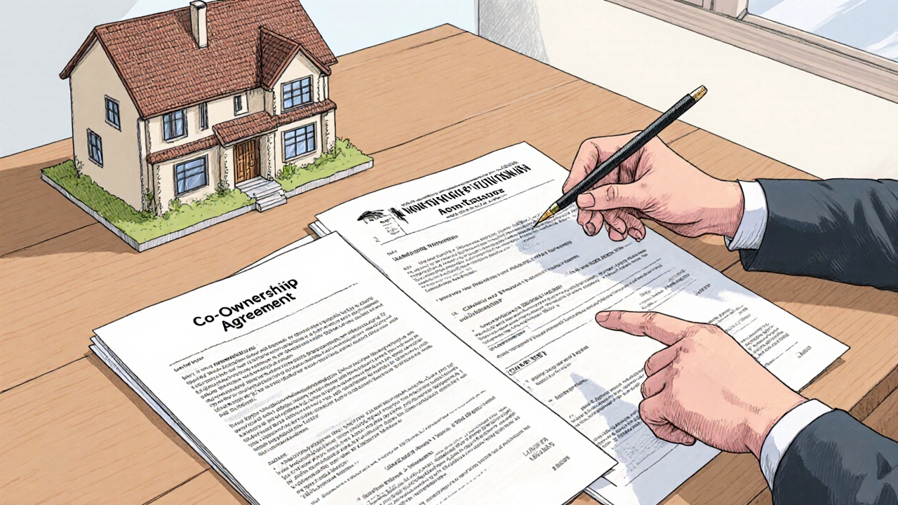 Hands examine co‑ownership papers and a house model on a table, illustrating legal agreements.