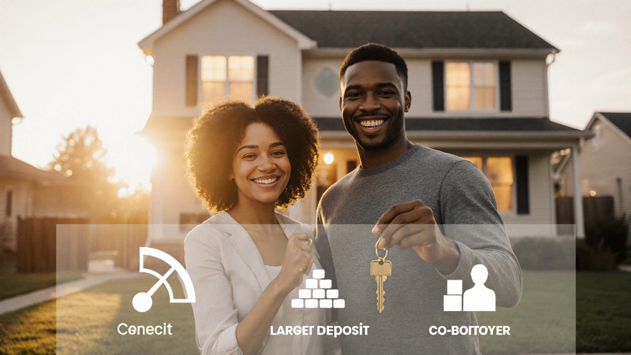 Happy couple holding house keys in front of a new home, symbolizing approved mortgage.