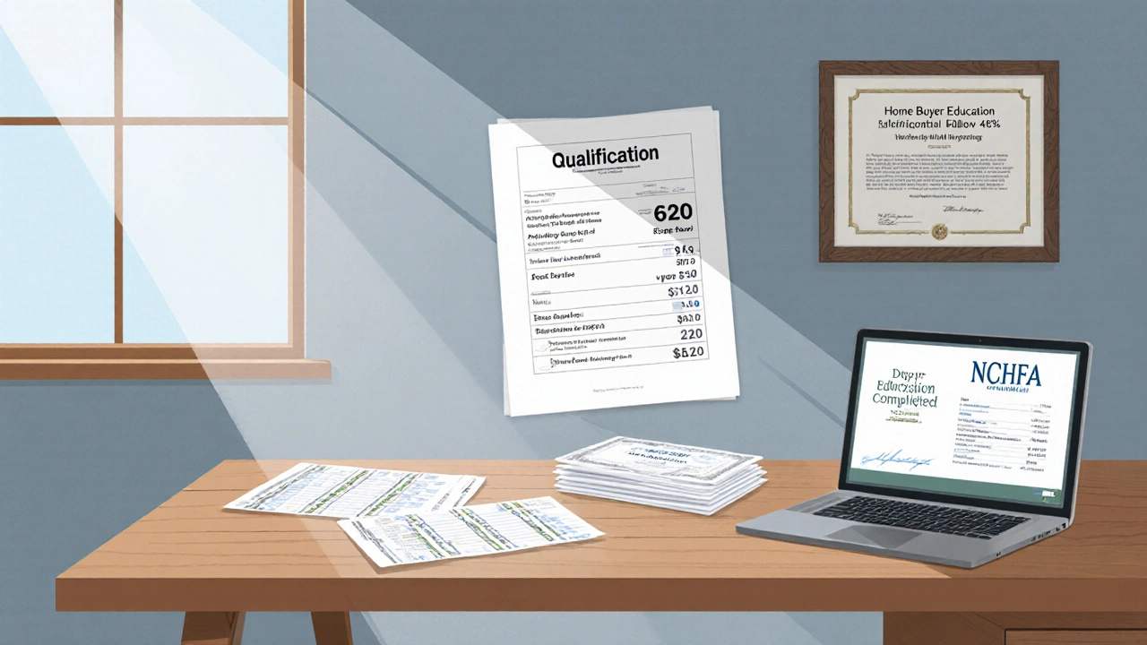 Home office desk with credit report, DTI spreadsheet, pay stubs, and home‑buyer education certificate.