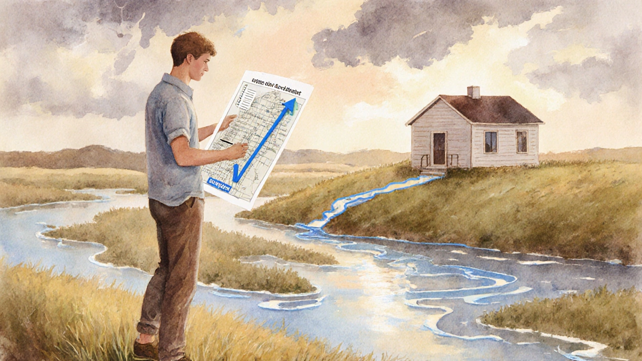 Homebuyer reviewing flood‑zone map with a house safely situated on a hill.