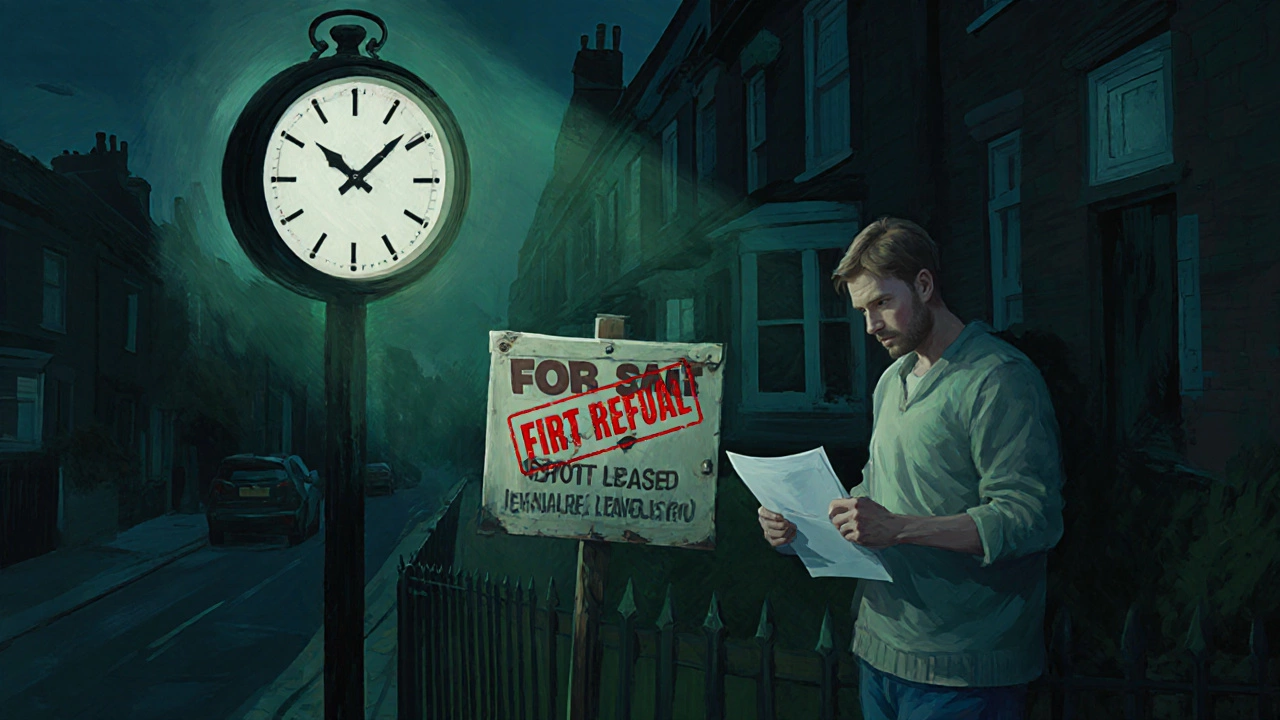 Homeowner near a terraced house with leasehold notice, clock, and resale restriction documents.