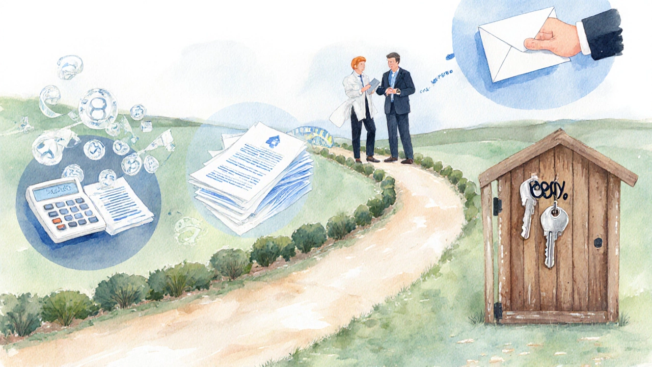 Illustrated sequence of a buyer navigating mortgage, survey, legal steps to gain full ownership.