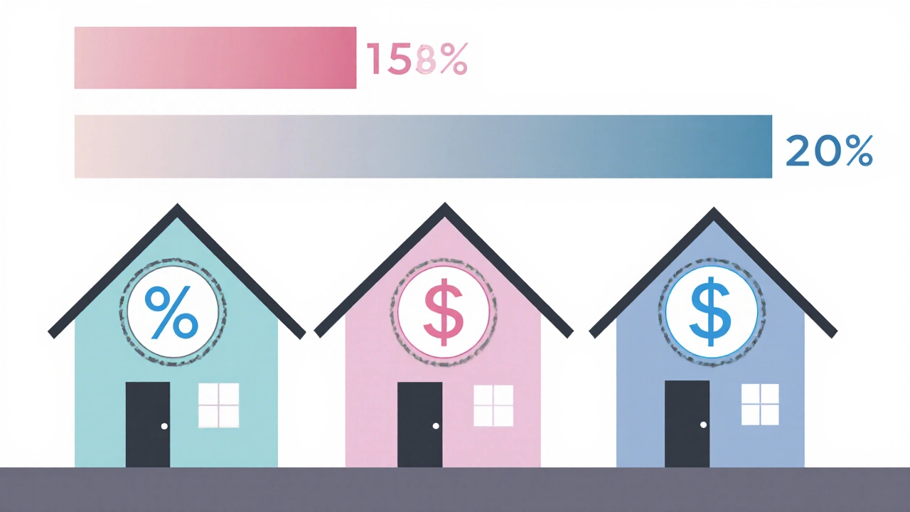 Illustration comparing three houses with different down‑payment percentages and loan impacts.