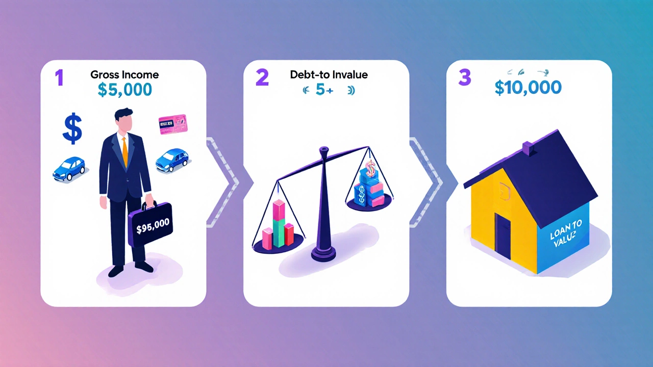 Illustration of income multiplier, DTI and LVR calculations with floating numbers and charts.