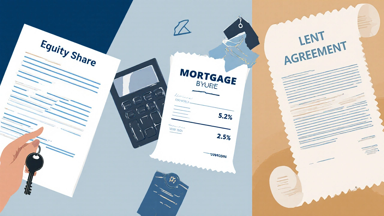 Illustration showing contract, mortgage statement, rent invoice, and lease agreement side by side.
