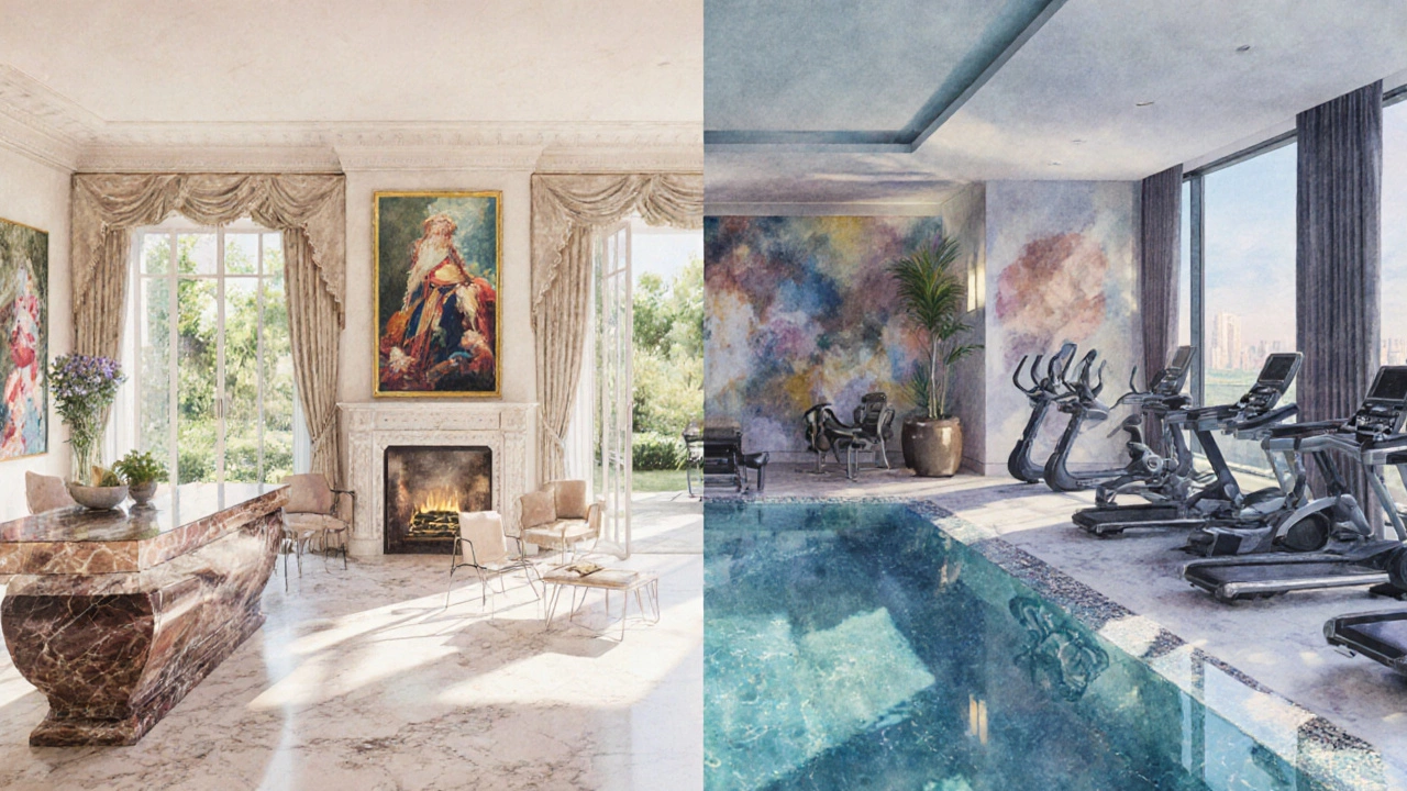 Interior contrast of a luxury villa lounge and a premium condo lounge with amenities.