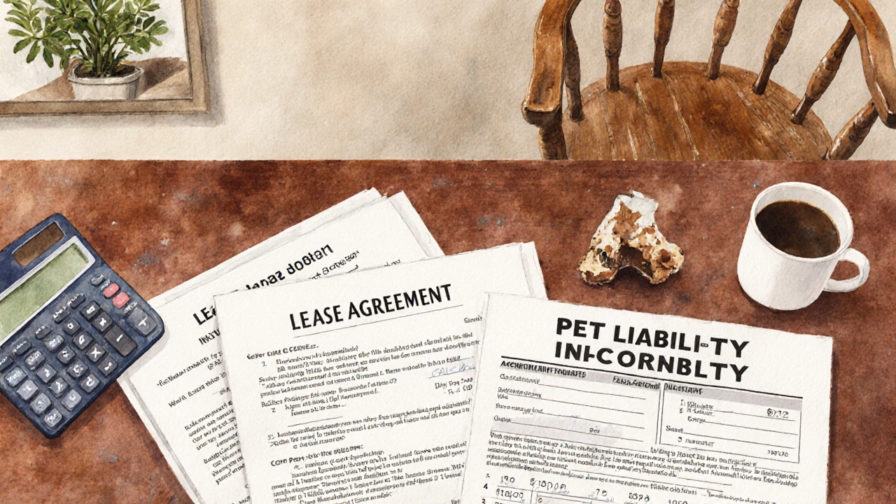 Landlord's desk with lease papers, pet deposit receipt, insurance form, and damaged chair leg.