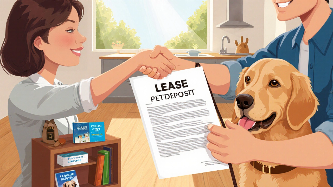 Landlord and tenant shaking hands over a lease with a pet deposit clause, dog by tenant.