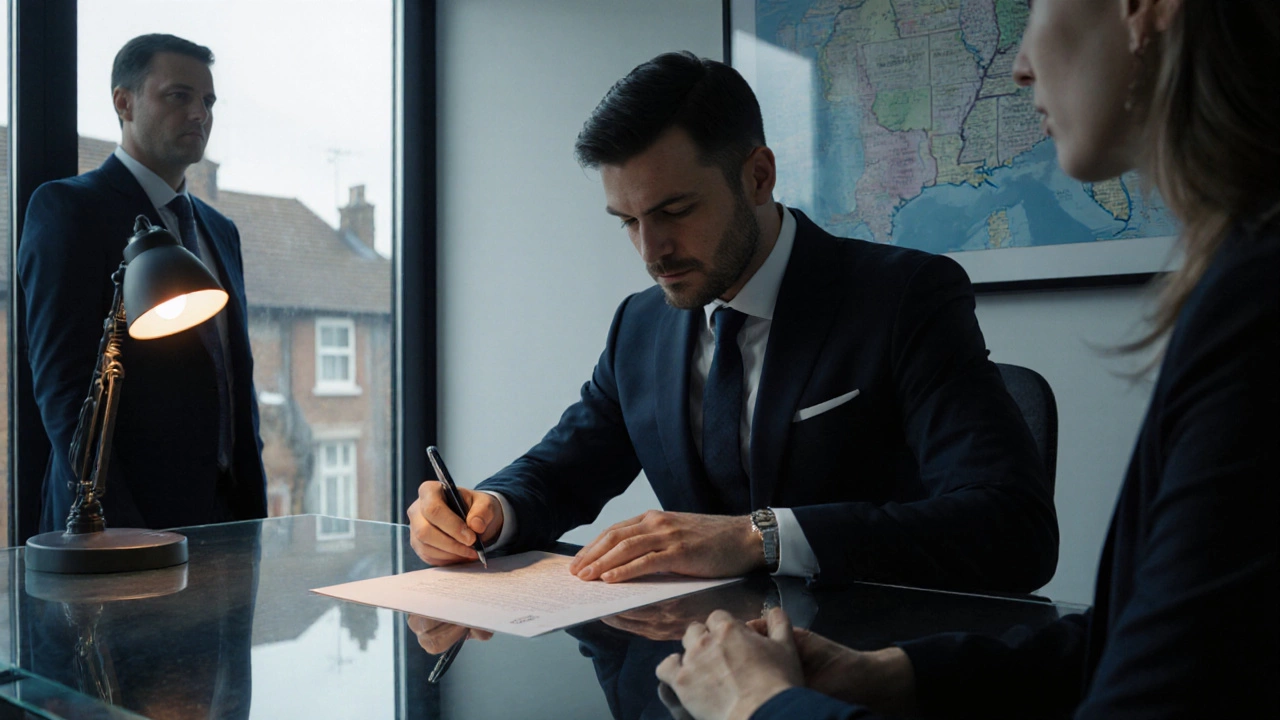 Solicitor signs a deed in an office while a client watches, with a house visible outside.
