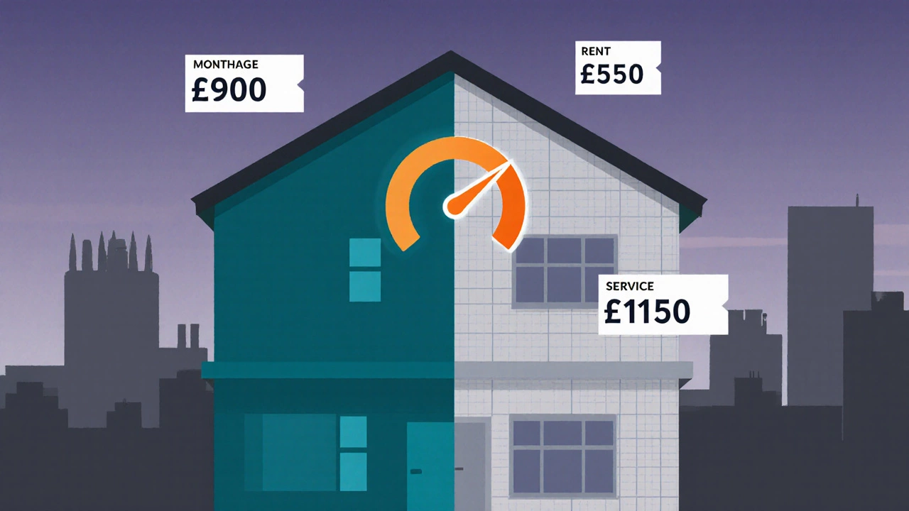 Split house illustration showing owned side solid and rent‑bearing side transparent with rising cost meter.