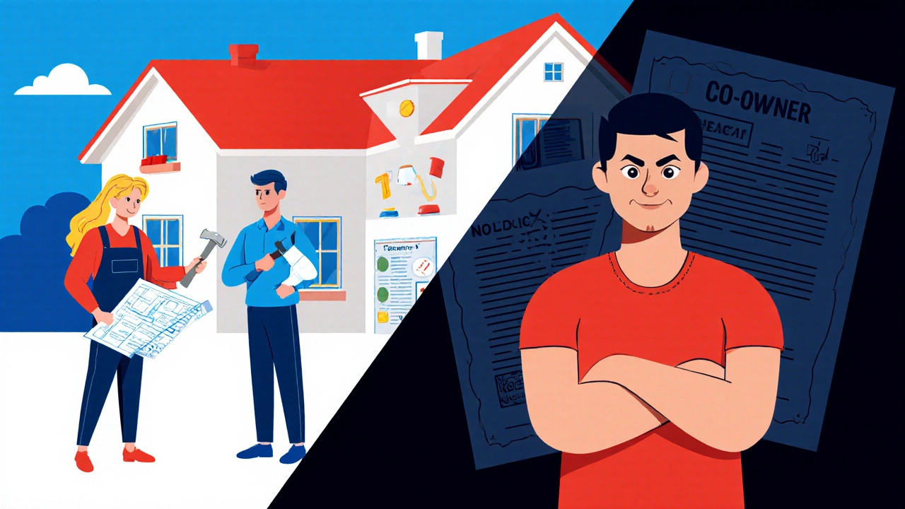 Split‑screen illustration of co‑owners in conflict over house decisions.