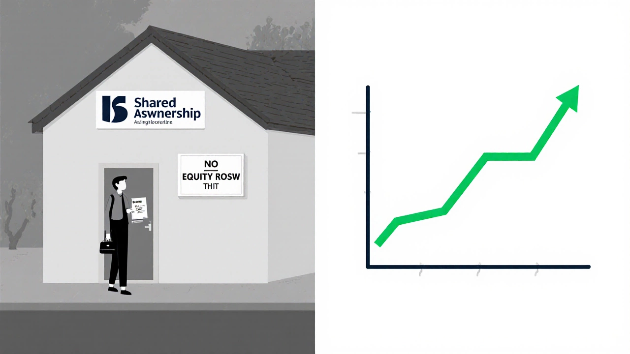 Split-screen showing rent payment to housing association and rising equity graph over time.