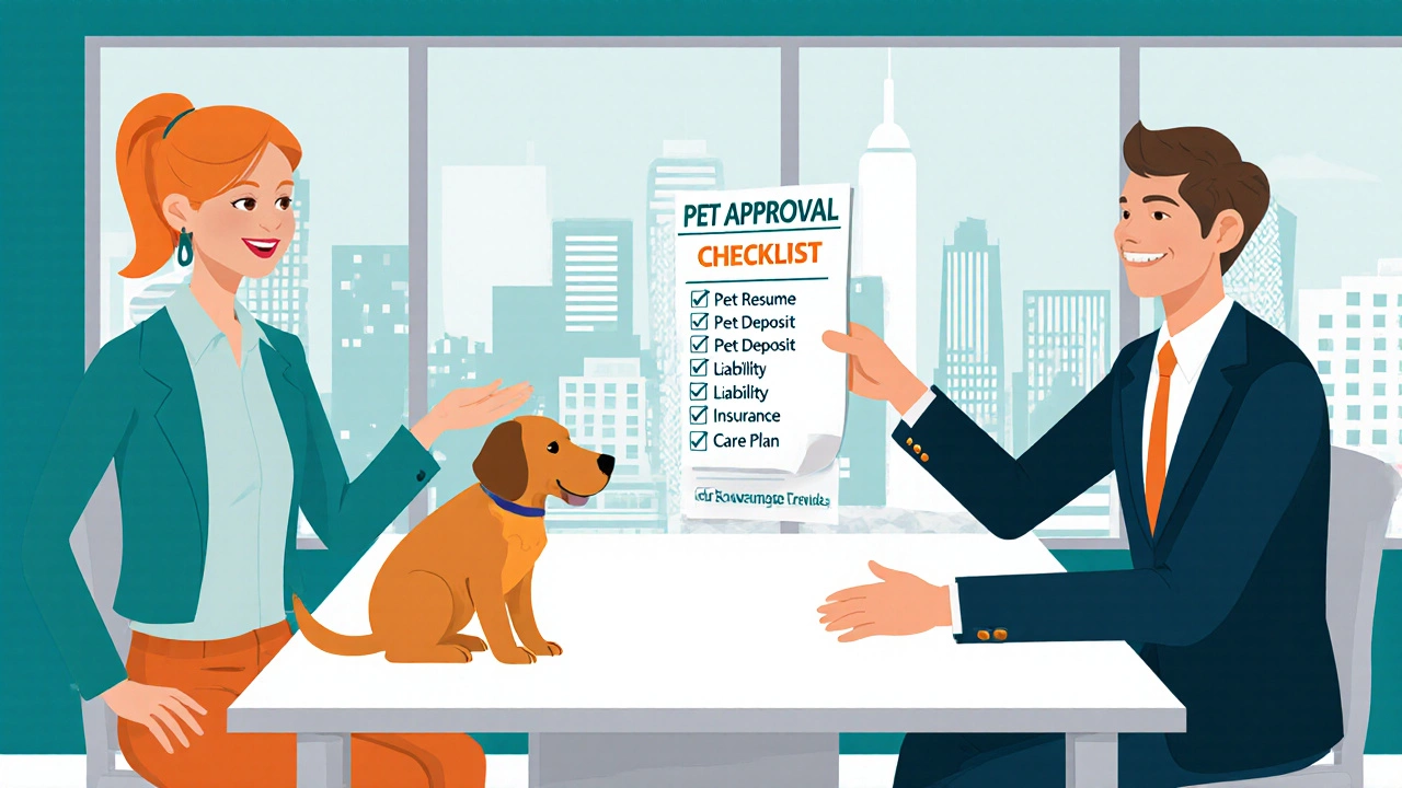 Tenant presents a pet approval checklist to landlord, shaking hands with a calm dog nearby.