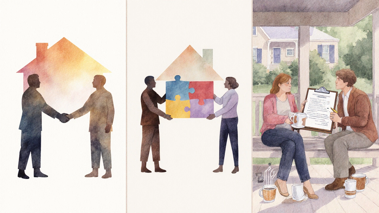 Three panels illustrate joint tenancy, tenancy in common, and informal co‑ownership with silhouettes.