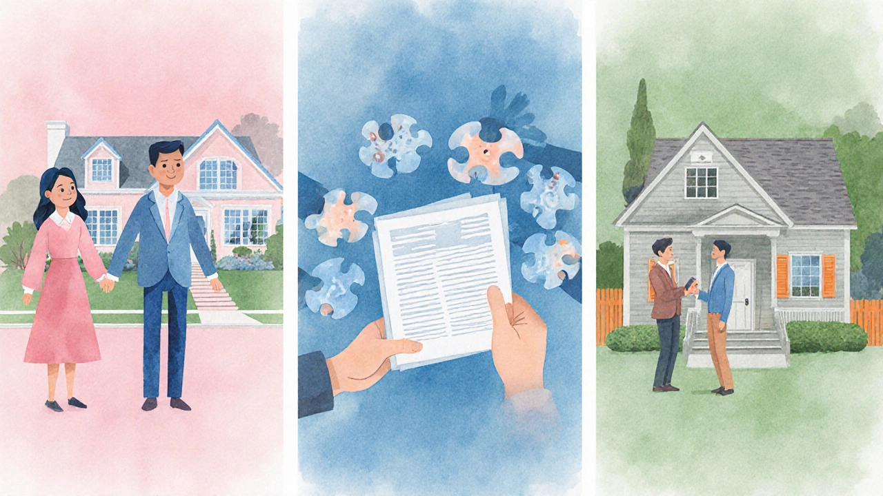 Three watercolor panels comparing joint tenancy, tenancy in common, and shared equity.
