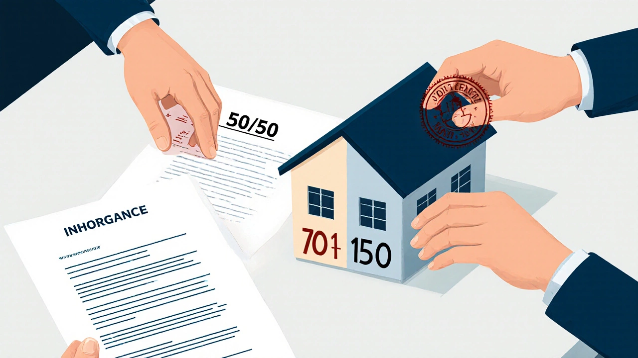 Two hands placing a house model on a table with legal documents nearby.
