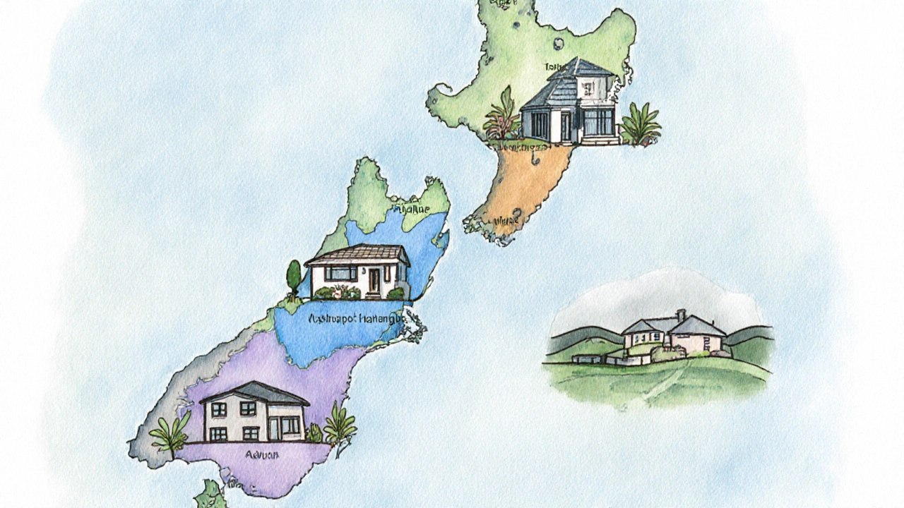 Watercolor map of NZ showing houses in four regions and price ranges.
