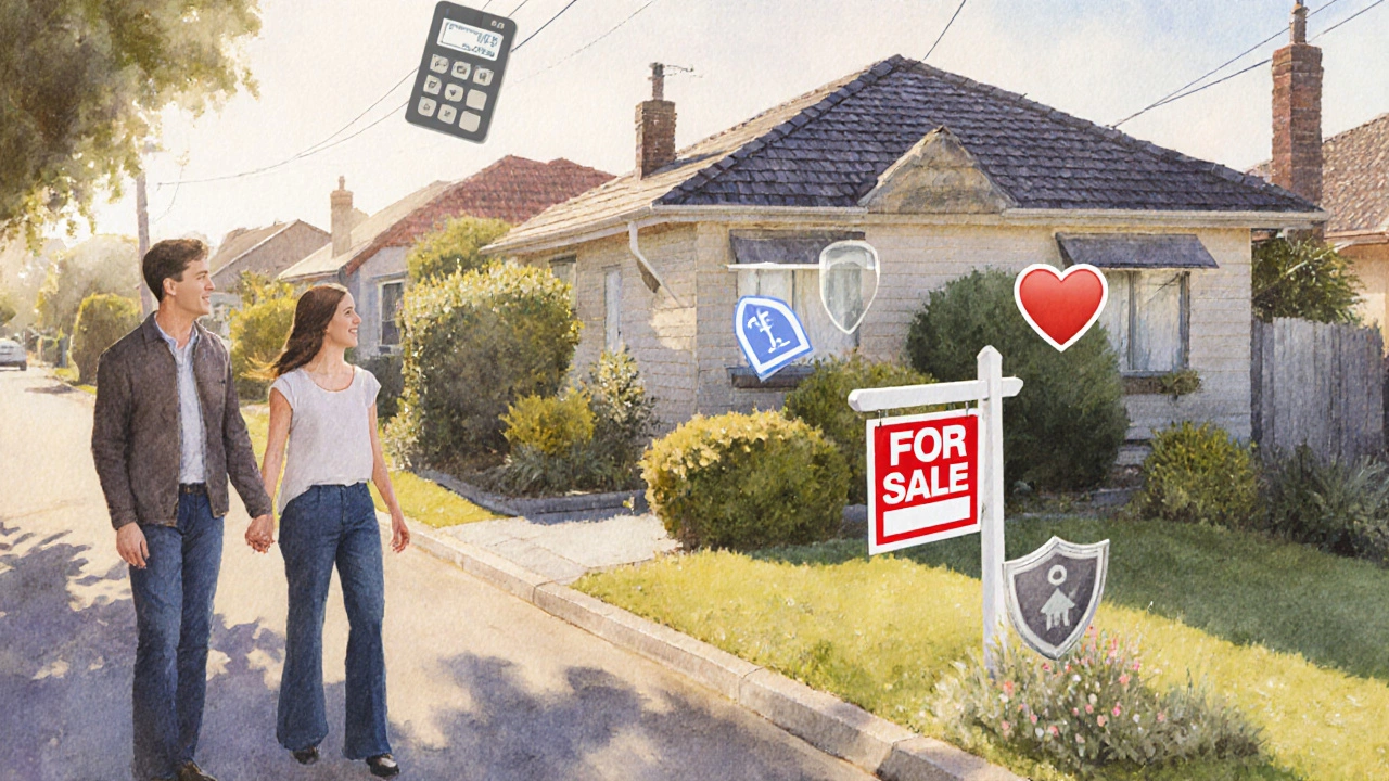 Watercolor of a couple looking at a suburban home for sale in Auckland with optimistic atmosphere.