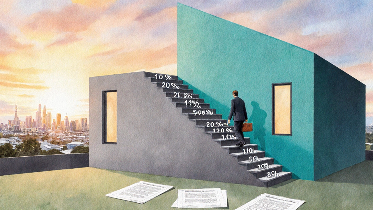 Watercolor of a staircase up a house, each step marked with higher ownership percentages.