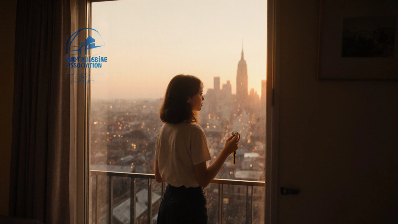 Young woman stands on a balcony with a key, overlooking a city skyline, symbolizing home‑share success.