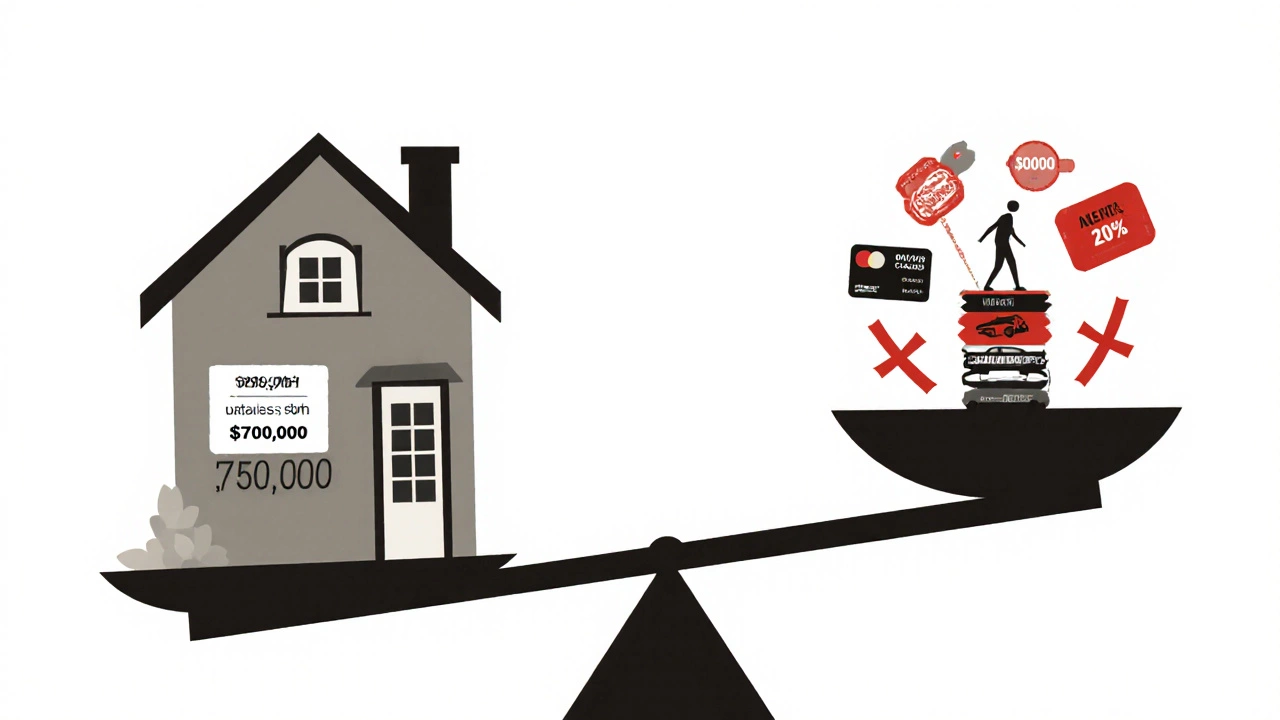 A financial scale tipping under the weight of debt against a large house, representing unaffordable mortgage costs on a 0k salary.