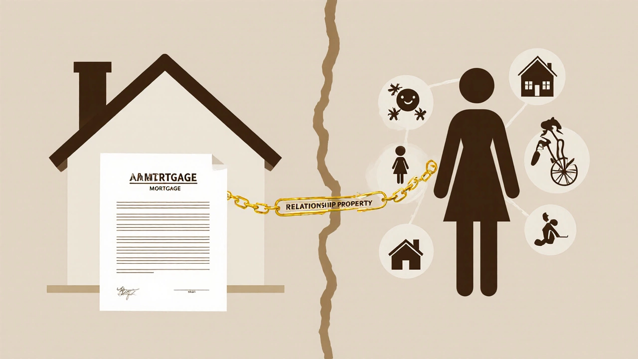 A house split in two, showing one side with a man&#039;s name on title and the other with symbols of unpaid domestic contributions linked by a legal chain.