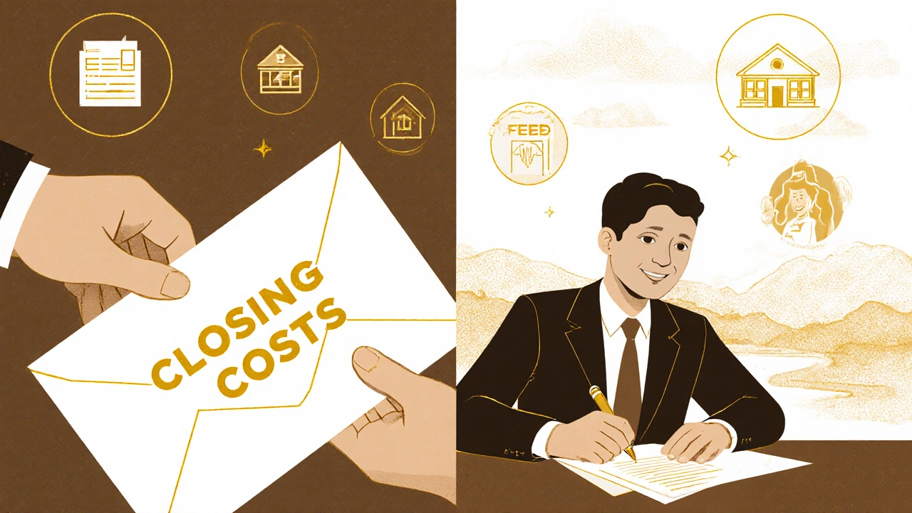 Buyer and seller exchanging closing documents with fee icons around them in a North Carolina setting.