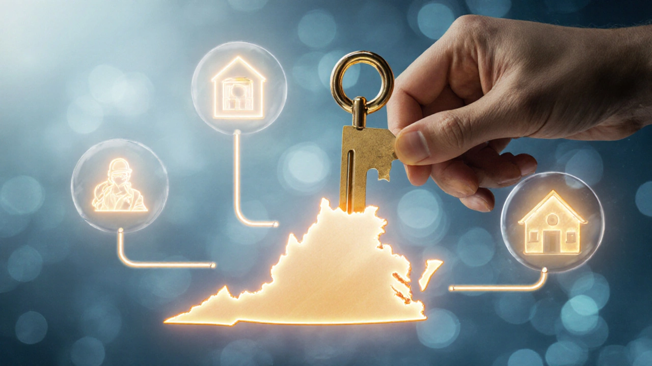 Golden key inserted into a Virginia-shaped lock with symbols of support programs