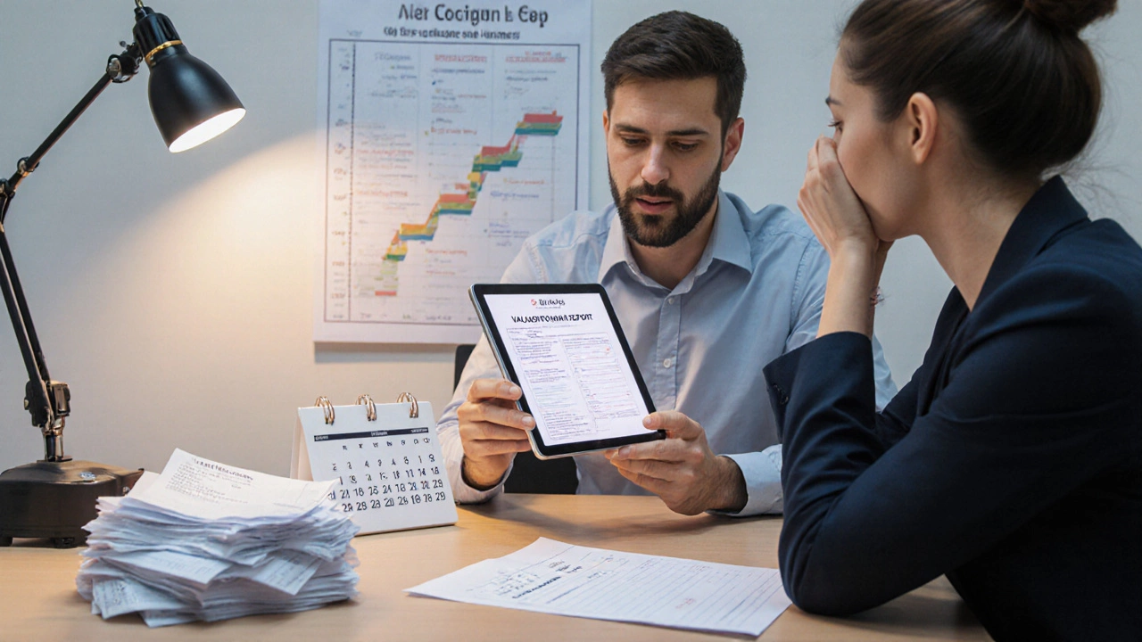Housing provider office scene with valuation report and legal fees on desk during staircasing process.