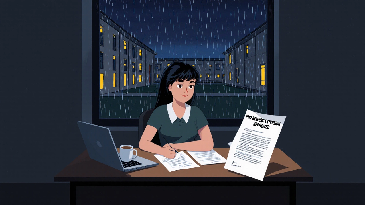 Postgraduate student working late at night in an empty university hall, surrounded by research papers and rain outside.