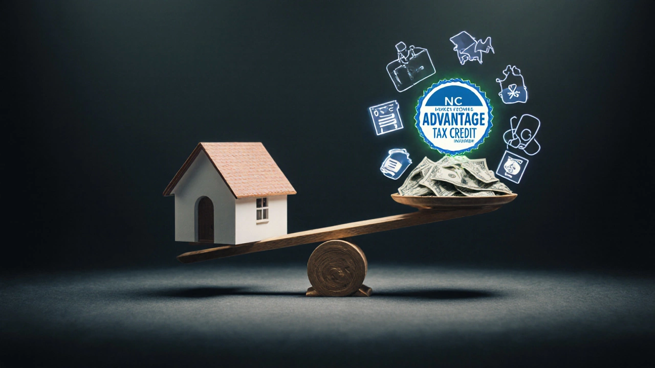 Scales balancing a house against closing costs, with tax credit badge helping tip the balance.