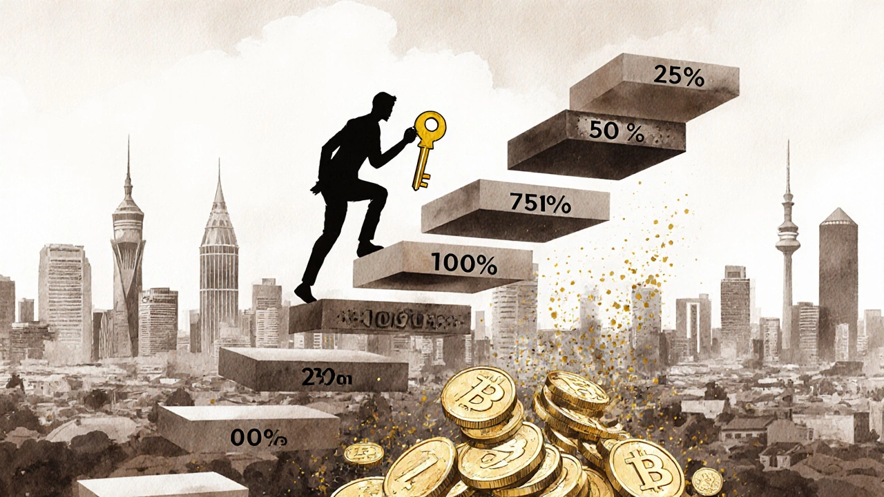 Staircase of property shares rising through New Zealand city skyline, symbolizing gradual ownership.