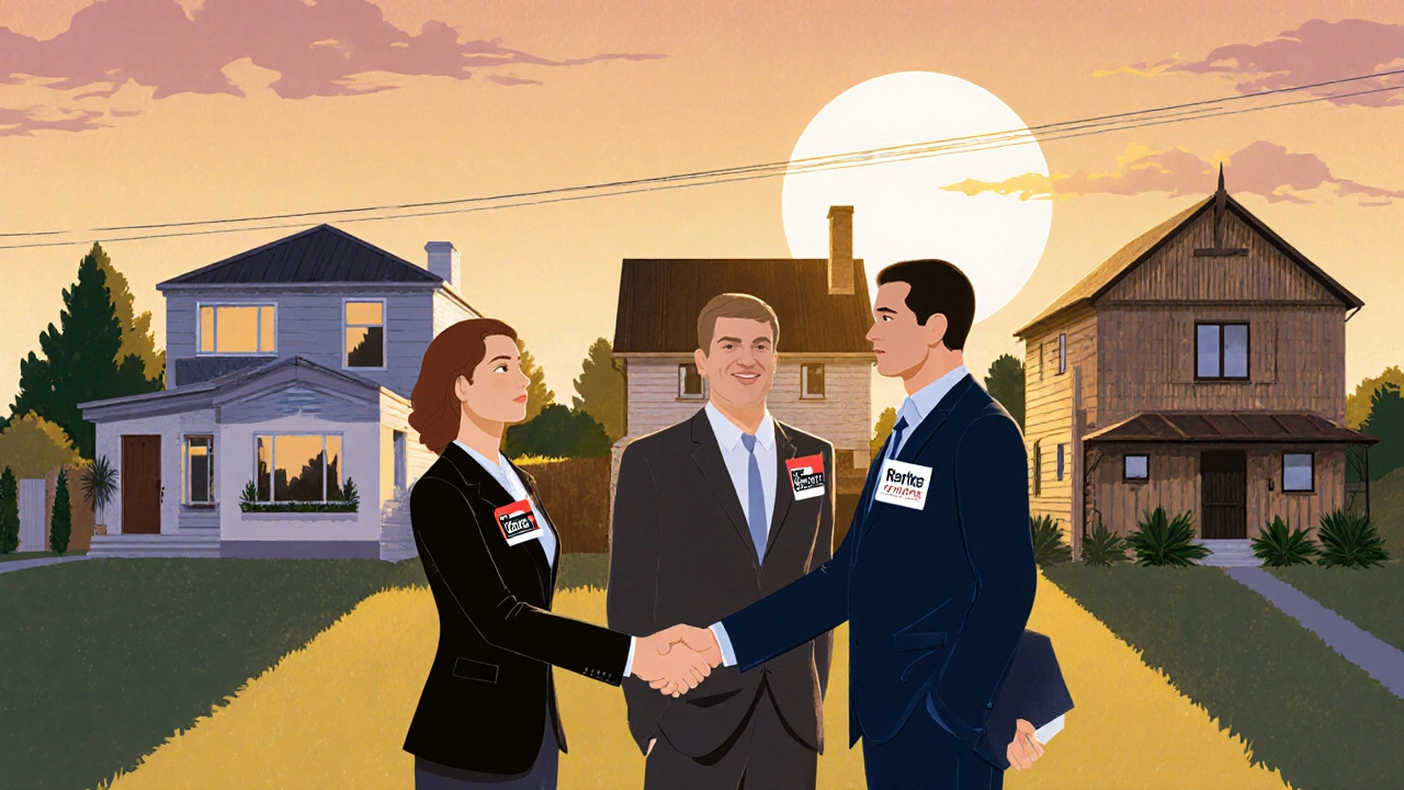 Three New Zealand homes with agents shaking hands with clients under golden hour light.