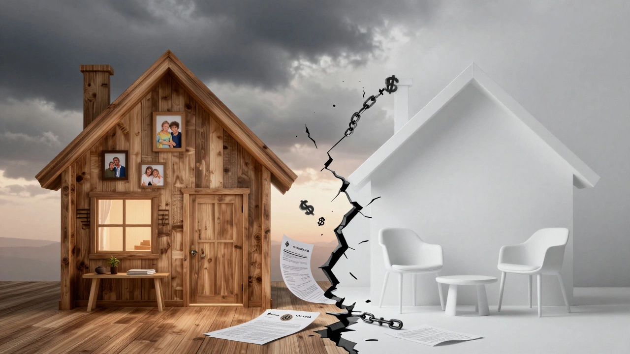 A house split down the middle with contrasting styles, legal papers and chains bursting from the crack.