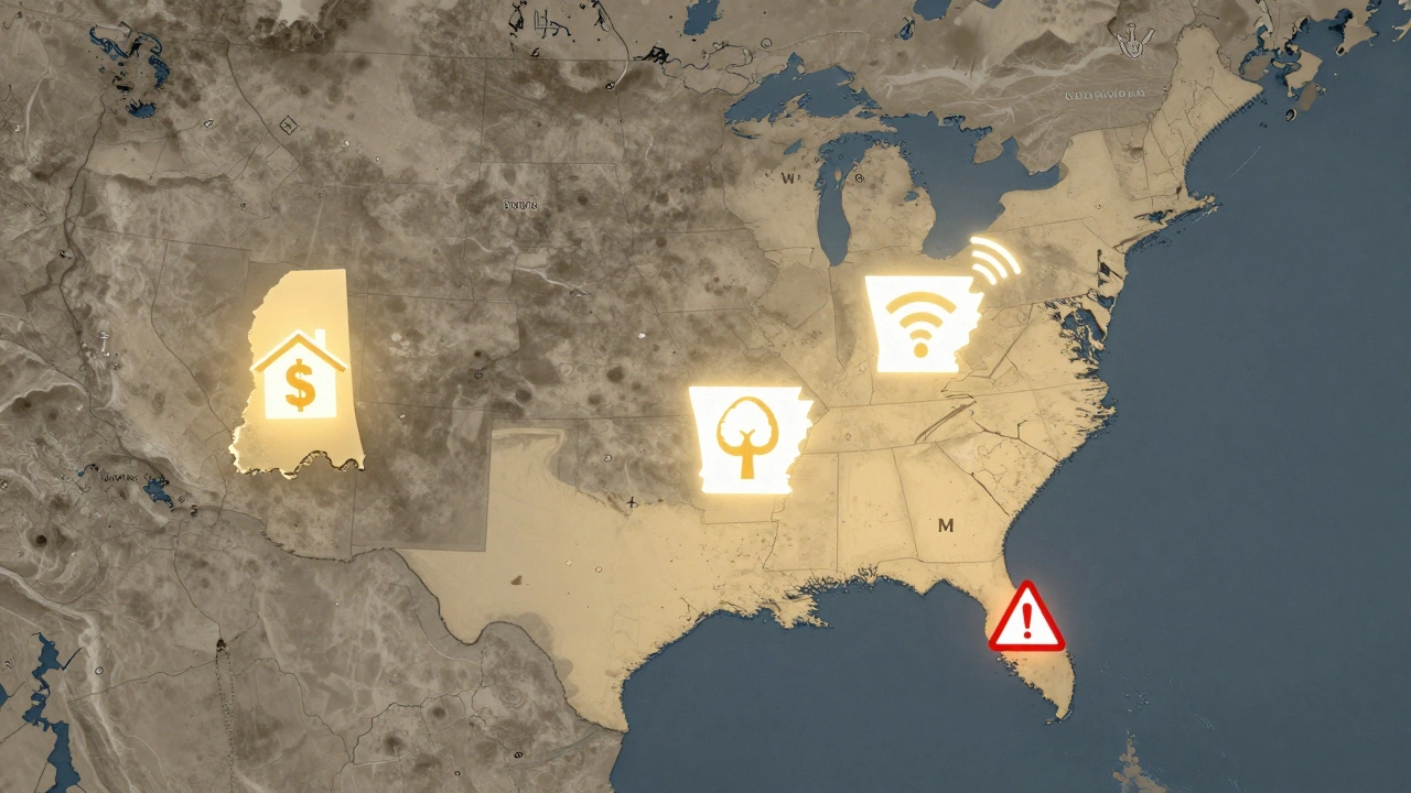 A map of the southern U.S. showing affordability hotspots and high-cost risk zones with glowing icons.