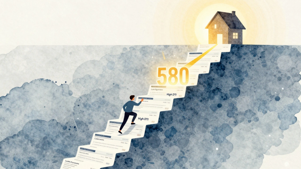 A person climbing a staircase made of credit report pages, with a glowing 580 milestone halfway up leading to a house at the top.