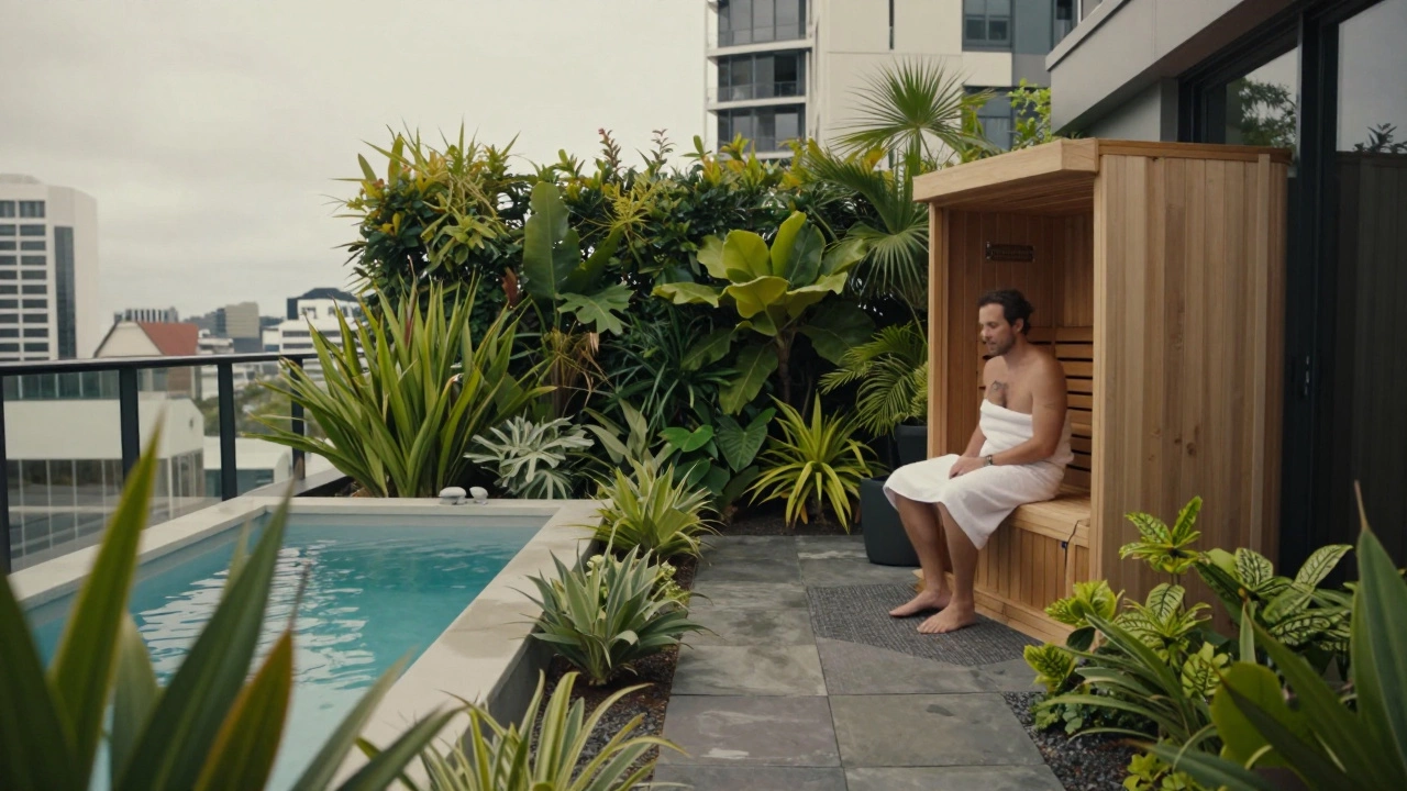 A private rooftop garden with a cold plunge pool and infrared sauna, offering quiet urban retreat.