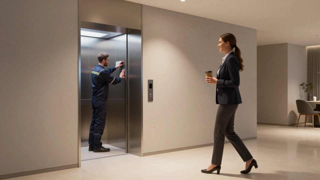 A professional walks through a pristine hallway as a technician quietly fixes an elevator—no mess, no wait.